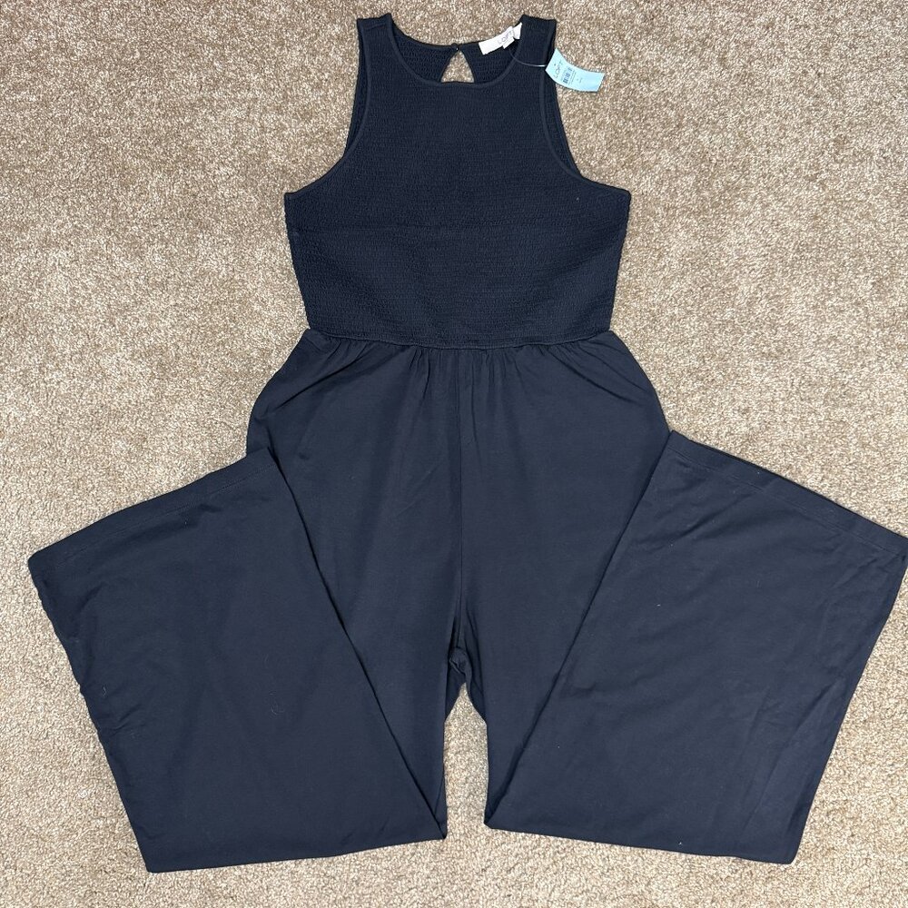 Loft Beach Smocked Knit Jumpsuit Womens Petite Large Black Sleeveless Wide Leg